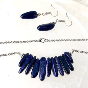 Blue midnight goldstone necklace & earrings set